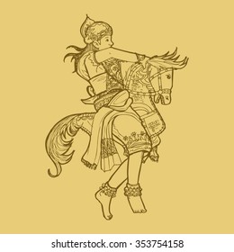 Line art illustration of traditional Javanese Indonesian dance kuda lumping or leathered horse