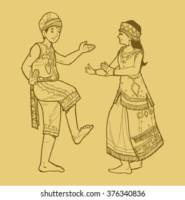 Line Art Illustration Of Traditional Kalimantan Indonesian Dance