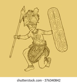 Line Art Illustration Of Traditional Papua Indonesian Dance