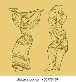 Line Art Illustration Of Traditional West Sumatra Indonesian Dance Tari Piring Or Plate Dancing