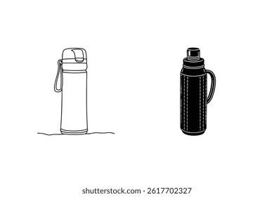 Line Art Illustration Of Travel Mug And Vacuum Flask In Minimalism Style