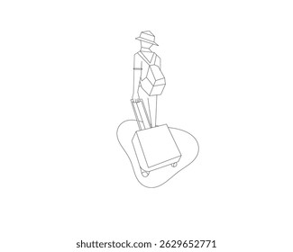 Line art illustration of a traveler with luggage and backpack. Simple outline drawing suitable for coloring pages, travel themes, and design elements