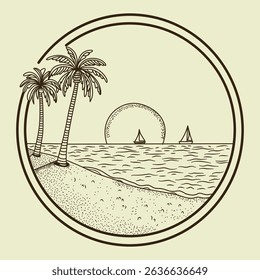 Line art illustration of a tropical beach with palm trees, a setting sun over the ocean, and two sailboats. A minimalist and clean design perfect for vacation, summer, or coastal themes.
