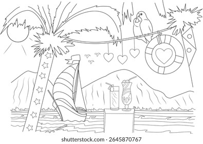 Line art illustration of a tropical paradise with love birds, sailboat, palm trees, cocktails, and hearts; a romantic vacation scene for coloring.