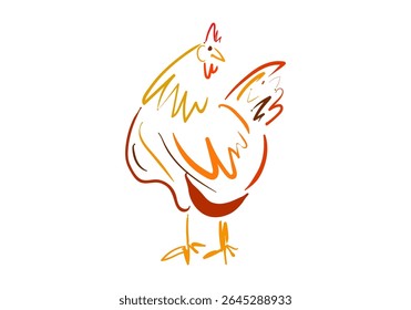 line art illustration of two chickens facing each other with soft orange and yellow gradient accents.