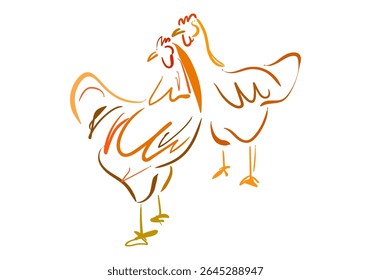 line art illustration of two chickens facing each other with soft orange and yellow gradient accents.