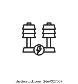 Ilustração em arte de linha de dois isolantes elétricos conectados a uma base com um símbolo de raio. Isso representa a transmissão de energia de alta tensão ou a infraestrutura elétrica.