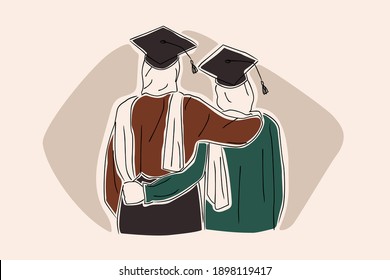 Line Art Illustration Of Two Female Arabian Hijab Hugging Togetther At Graduation Party. Young Muslim Happy Graduation Hand Drawn Greeting Card Concept.