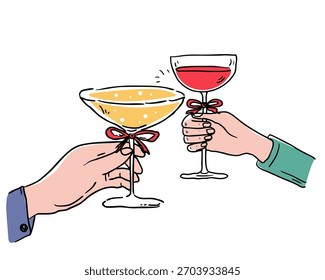 Ilustração de arte de linha de duas mãos clinking cupê óculos com bebidas espumantes e arcos festivos, design de celebração mínima elegante para projetos de festa e feriados, ilustração vetorial