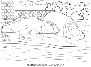 Ilustração de arte de linha de dois hipopótamos preguiçosos dormindo pacificamente na beira da água, com grama, árvores, nuvens, um edifício e uma parede ao fundo. Ótimo para colorir, natureza, vida selvagem.