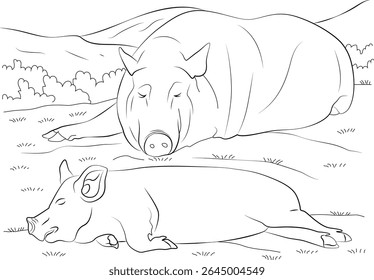 Ilustração de arte de linha de dois porcos preguiçosos dormindo pacificamente ao ar livre em um campo rural cenário de fazenda, relaxando e sonhando no sol na grama - colorindo o estilo da página