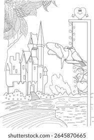 Line Art Illustration: Two Love Birds Kissing, Happy Heart Character, Castle, and Nature Scene for Coloring Books and Crafts