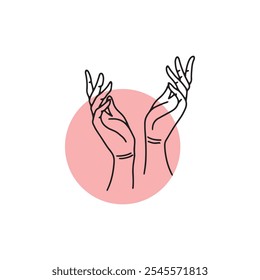 Line art illustration of two raised hands in a graceful pose, set against a pink circular background, symbolizing elegance and expression.