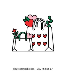 Line art illustration of two shopping bags, one larger and one smaller, isolated on white background.