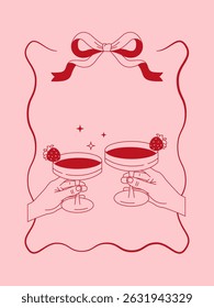 Line art illustration of two strawberry cocktails with a pink background and a bow. Perfect for love and celebration-themed designs.