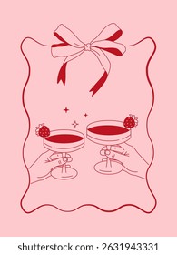 Line art illustration of two strawberry cocktails with a pink background and a bow. Perfect for love and celebration-themed designs.