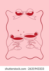 Line art illustration of two strawberry cocktails with a pink background and a bow. Perfect for love and celebration-themed designs.