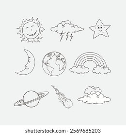 Line art illustration of universe. sun, Thunderclouds, stars, moon, earth, rainbow, planet, meteor, and cloud. this element good for presentation, child book, pattern fabric and all of child design.