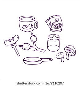Line art illustration of vacation camp stuff and meal icon vector set black and white