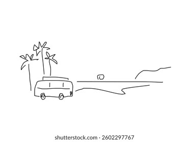 line art illustration of a van parked by the beach during summer.