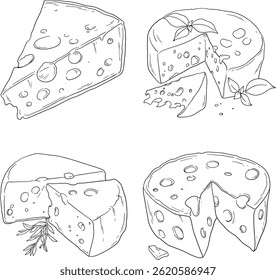 Line art illustration of various cheese types, including wedges and wheels, some with herbs. Simple black and white design.