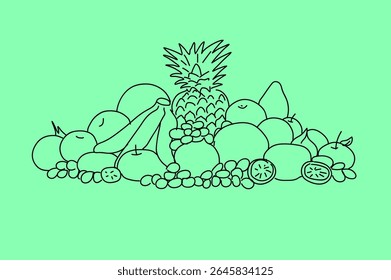 A line art illustration of various tropical fruits including pineapple, banana, orange, and grapes stacked together. Sketched in a clean hand-drawn style, ideal for organic food labels, healthy lifest
