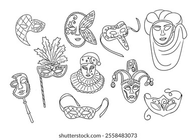 Line art illustration of various Venice carnival masks featuring intricate designs, feathers, and traditional elements representing the festive and theatrical culture. Vector hand drawn drawings