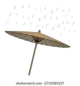 Vector de la ilustración del arte de la línea del paraguas de madera antiguo con el dibujo del diseño de la lluvia que cae en colorido