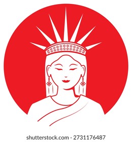 Line art illustration vector of beautiful lady with sun ray crown drawing in red and white