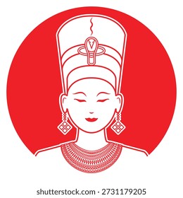 Line art illustration vector of beautiful Nefertiti ancient Egypt queen with snake crown and necklace drawing in red and white
