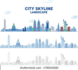 Line art illustration vector city skyline lanscape of modern concrete jungle western country usa nyc dc philly