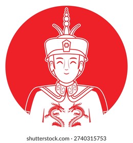 Line art illustration vector of cute smart man in former Chinese dynasty dress with traditional hat drawing in red and white