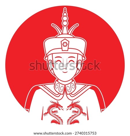 Line art illustration vector of cute smart man in former Chinese dynasty dress with traditional hat drawing in red and white
