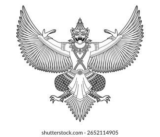 Vetor de ilustração de arte de linha da criatura mítica ou lendária Garuda com metade humano e pássaro- Portador de deus Vishnu em hindu desenho em preto e branco