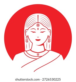 Vetor de ilustração de arte de linha da Índia bela senhora no desenho de vestido tradicional em vermelho e branco