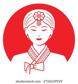Vector de ilustración de arte de línea de vestido de dama hermosa coreana en dibujo formal hanbok en rojo y blanco