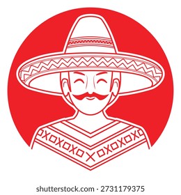 Linie Kunst Illustration Vektor mexikanischen Mann Kleid mit Sombrero traditionellen Hut und Sarape oder Jorongo ist eine lange Decke wie Schal Zeichnung in rot und weiß