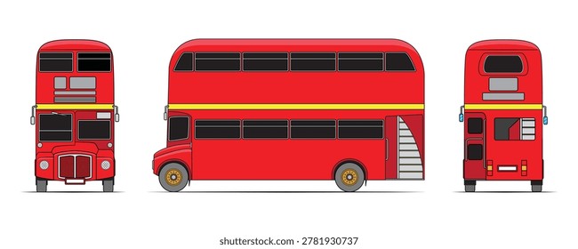Line art Illustration vector of old classic red London double decker bus in front side and back view