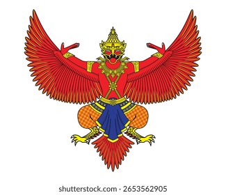 Vetor de ilustração de arte de linha da criatura mítica ou lendária Garuda vermelha com metade humano e pássaro- Portador de deus Vishnu em hindu desenho em colorido