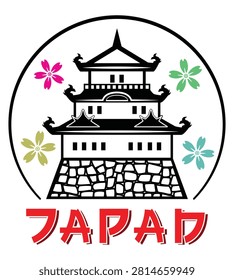 Line art Illustration vector symbols of Japan with Japan style castle and cherry blossoms
