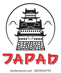 Line art Illustration vector symbols of Japan with Japan style castle background with circle drawing in black and white