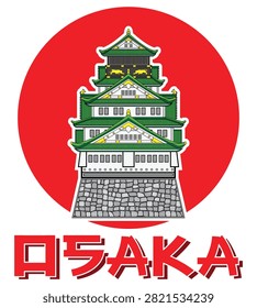 Line art Illustration vector symbols of Japan with Japan style castle Osaka Castle background with red circle drawing in colorful