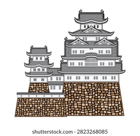 Line art Illustration vector symbols of Japan with group of Japan style castle Himeji Castle famous known as white Egret or white heron castle drawing in colorful