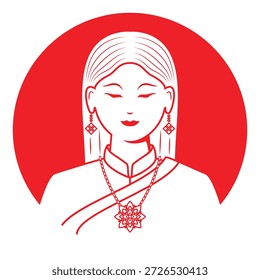 Vector de ilustración de arte de línea de la hermosa dama tailandesa en el dibujo de la vestimenta tradicional en rojo y blanco