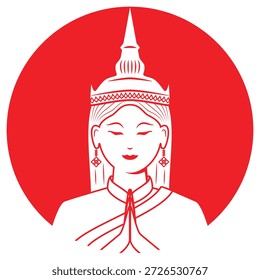 Line art illustration vector of Thai beautiful lady with crown and traditional dress in pay respect action drawing in red and white