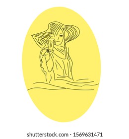 Line art illustration. Veiled woman. Isolated yellow background