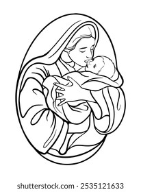 Line art illustration of the virgin mary holding and kissing baby jesus