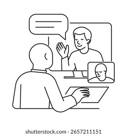 Line art illustration of a virtual interview with two people communicating via video call. Concept of online conversation, remote communication, digital meeting.