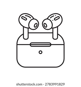 Line art illustration of wireless earbuds and charging case with personal audio