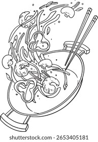 ilustração de arte em linha de uma obra que atira vários ingredientes como cogumelos, pimentões e outros vegetais para o ar, com pauzinhos descansando na lateral.